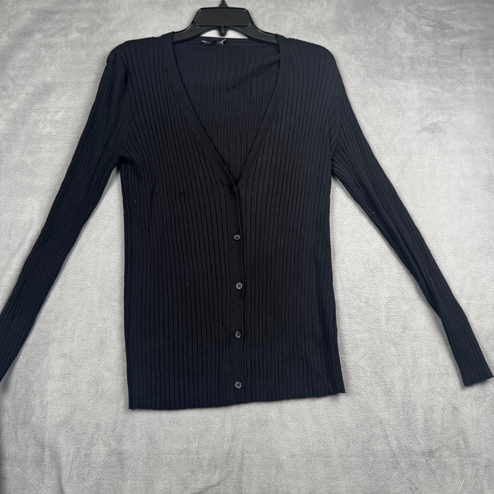 Lafayette 148 New York Black Ribbed Knit V-Neck Cardigan‎ Sweater Petite P